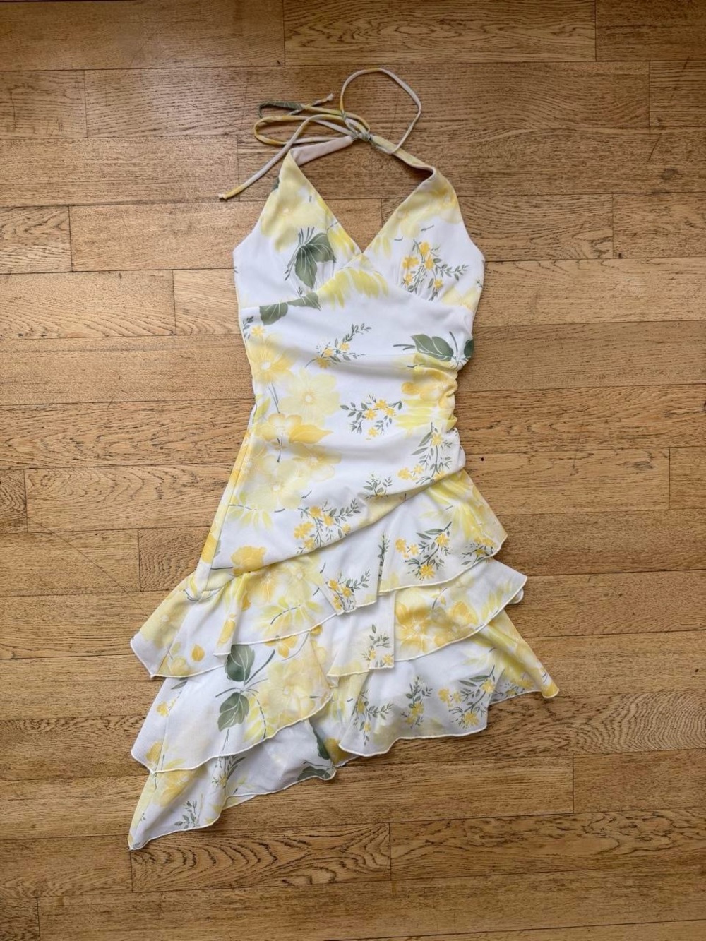 Yellow Floral Ruffled Halter Dress